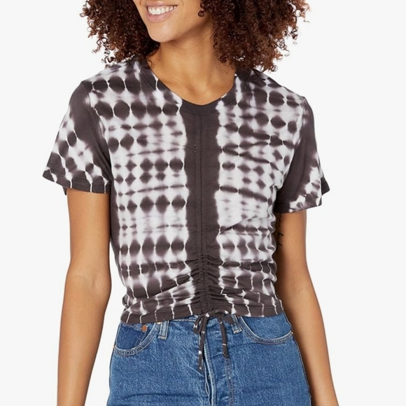 Monrow Tops - Monrow Tie Dye Drawstring Cropped Tee size in Vintage black/white